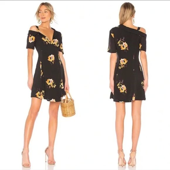 ALC Black Yellow Pink Floral Silk Lucia Off The Shoulder Asymmetrical Mini Dress - Picture 6 of 6